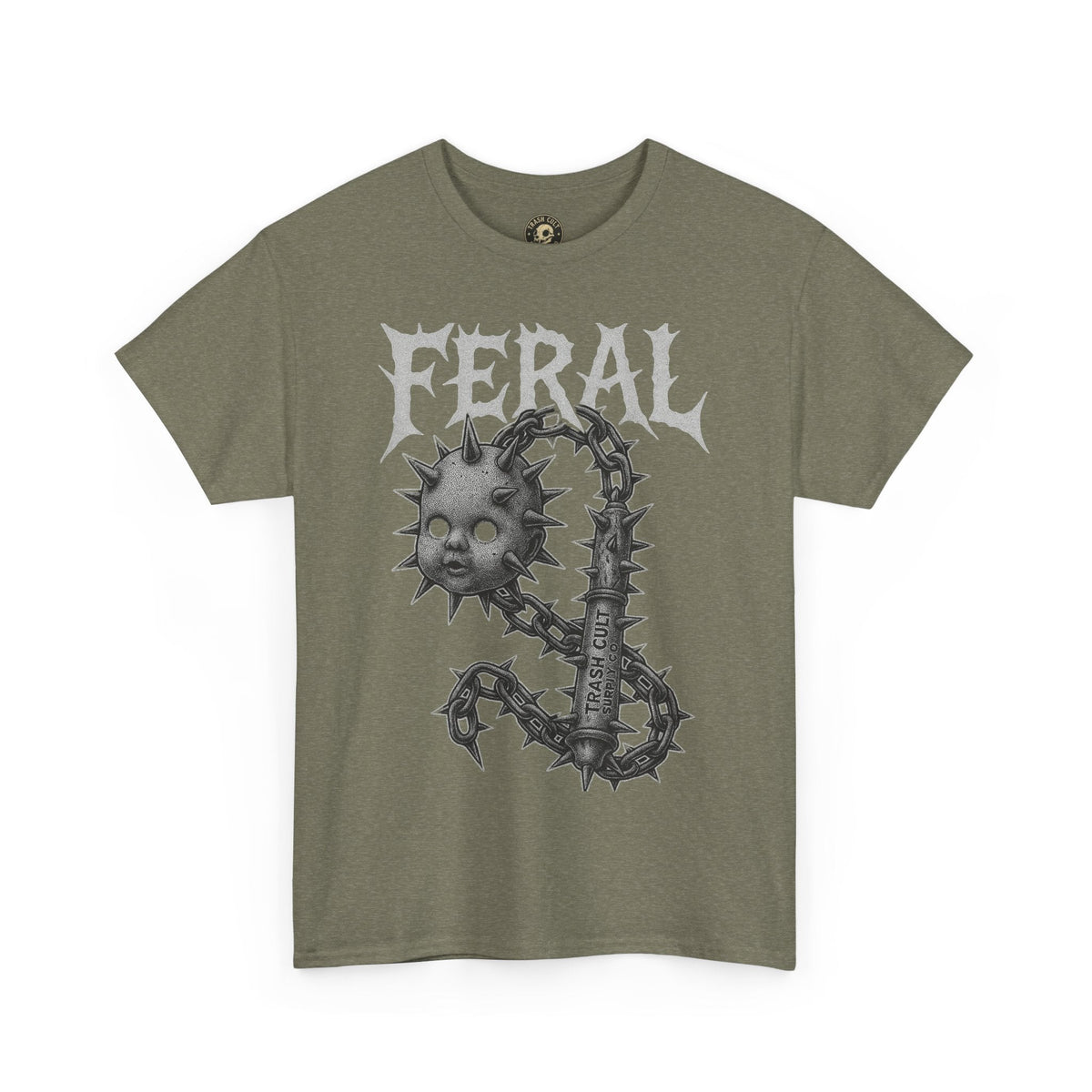 FERAL Spiked Doll Flail Tee – Halftone Gothic Weapon Shirt | Trash Cult Supply Co. | Gildan 5000