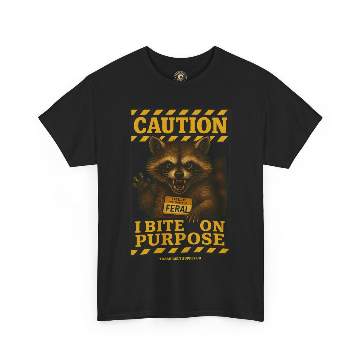 I Bite On Purpose Raccoon Warning T-Shirt – Caution Sign Style | Trash Cult Supply Co | Gildan 5000