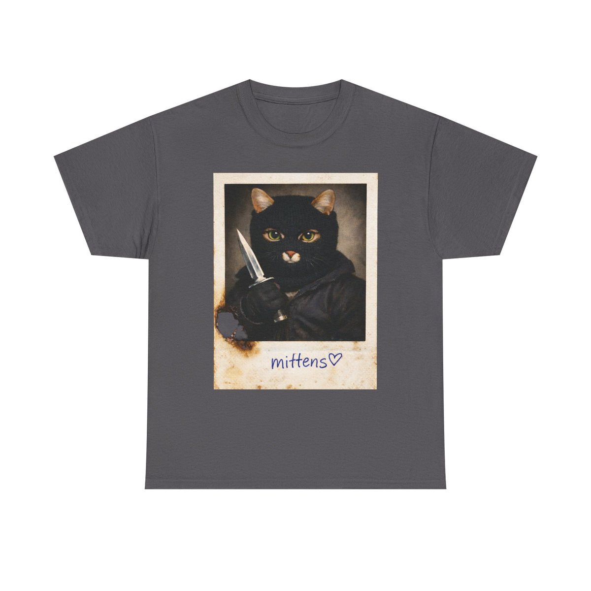 Cat With Knife Tee — "Mittens" Dark Humor Vintage Polaroid Graphic T-Shirt