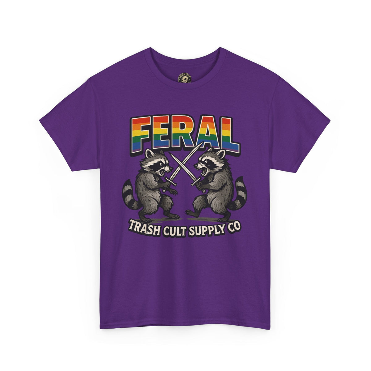 FERAL Rainbow Raccoon Sword Fighting Graphic Tee – Gildan 5000 Heavy Cotton