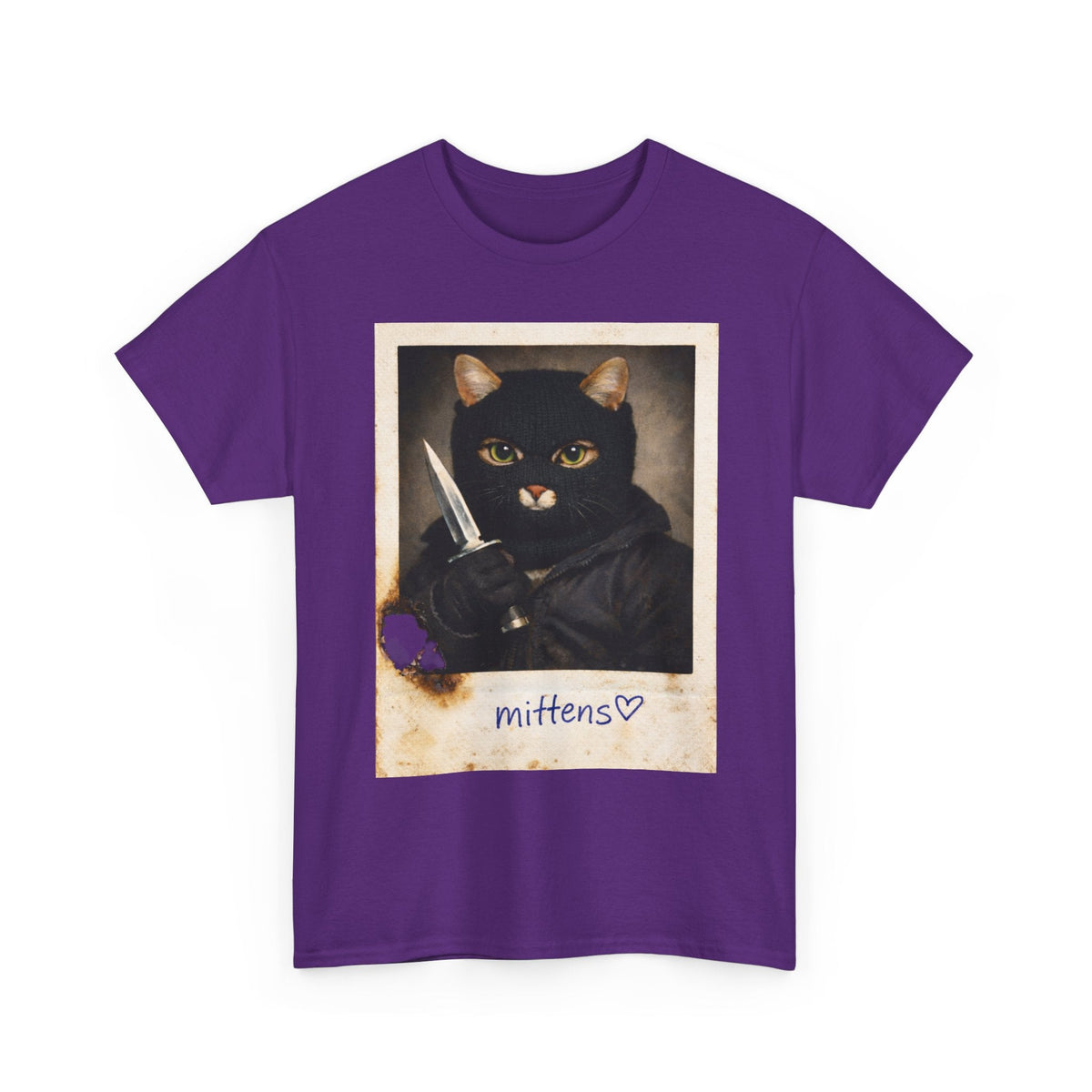 Cat With Knife Tee — "Mittens" Dark Humor Vintage Polaroid Graphic T-Shirt