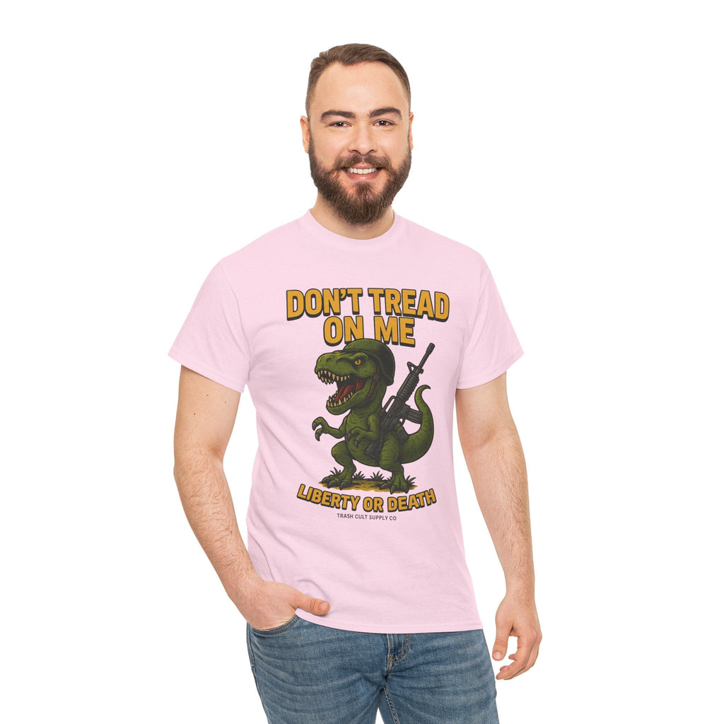 Don’t Tread On Me T-Rex T-Shirt – Liberty or Death Graphic | Trash Cult Supply Co. | Gildan 5000 Heavy Cotton