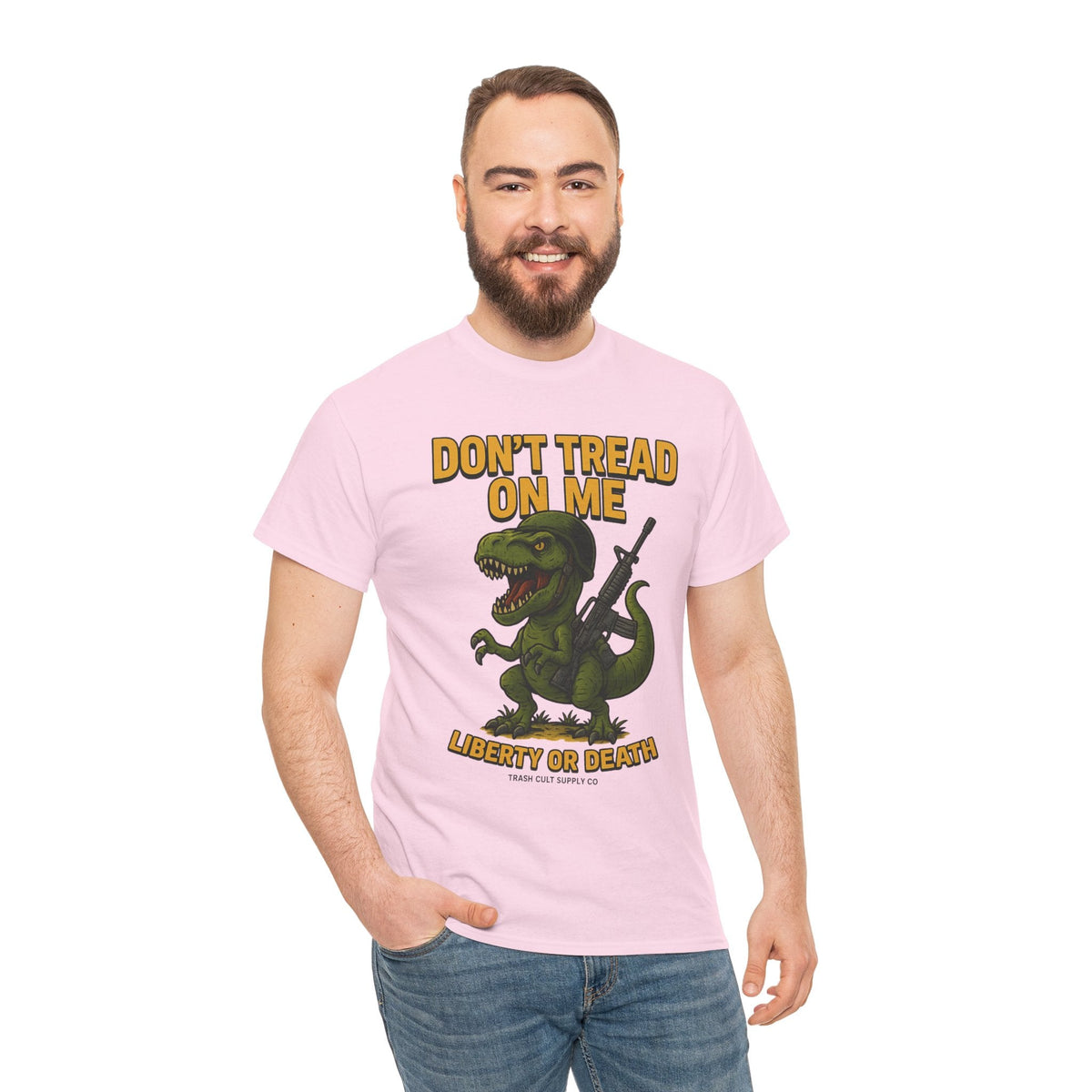 Don’t Tread On Me T-Rex T-Shirt – Liberty or Death Graphic | Trash Cult Supply Co. | Gildan 5000 Heavy Cotton
