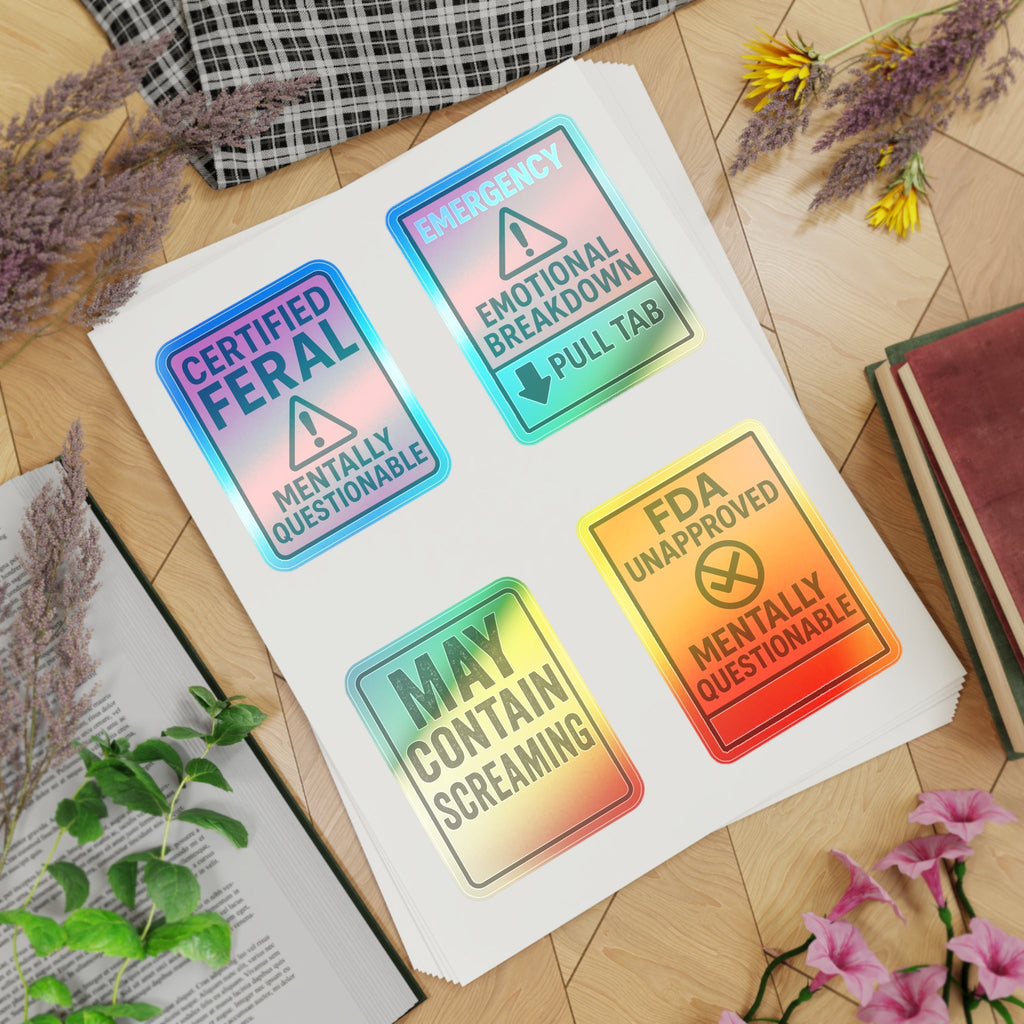 Feral Sticker Sheet Bundle – 10 Bold Mental Health & Chaos-Themed Stickers | Transparent, White & Holographic Vinyl