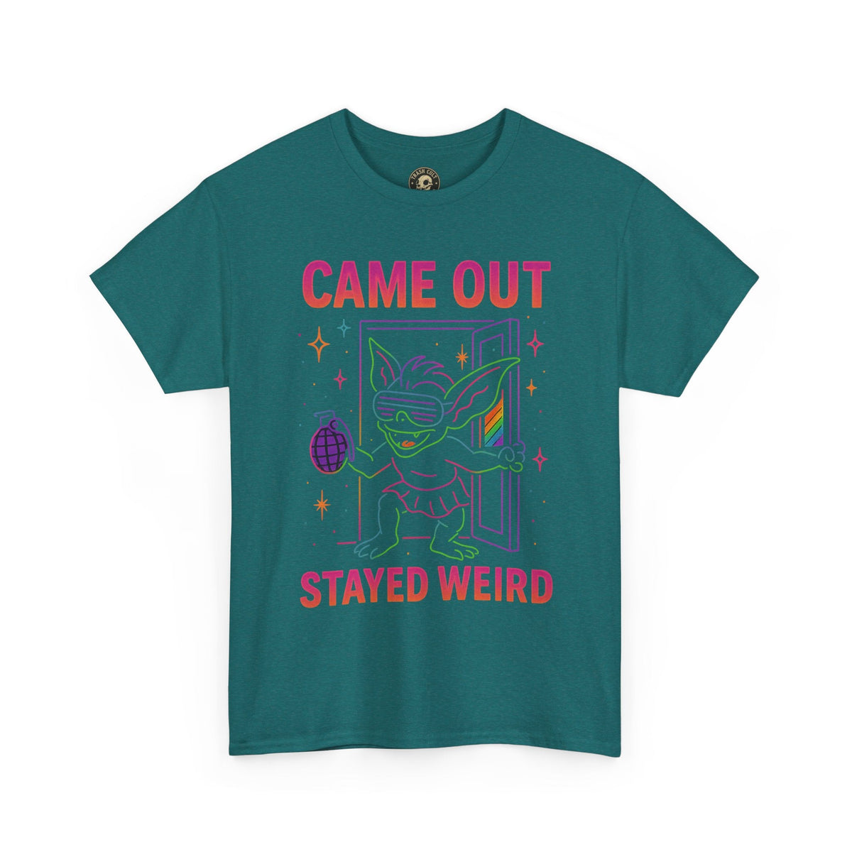 Came Out, Stayed Weird – Neon Gremlin Pride T-Shirt | Gildan Unisex Heavy Cotton Tee | LGBTQ+ Graphic Shirt
