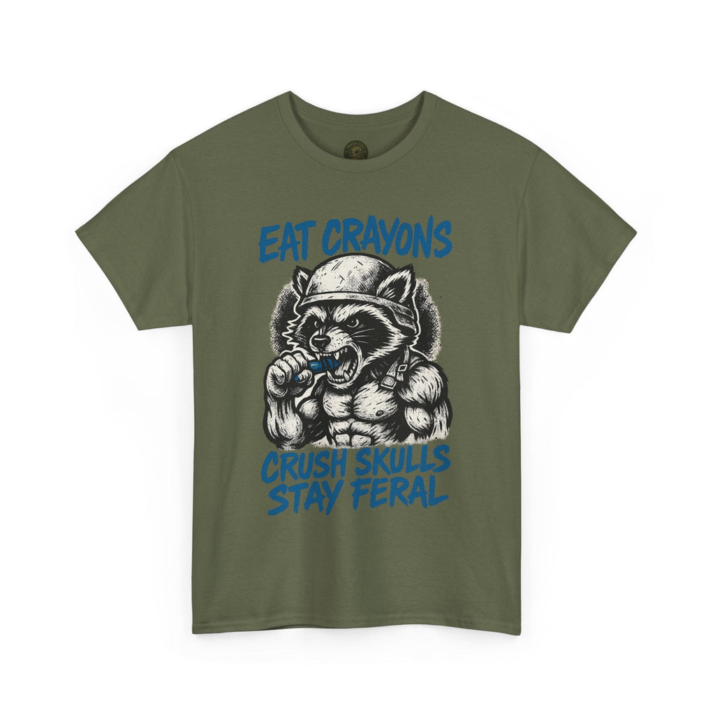 Eat Crayons Crush Skulls Stay Feral Military Raccoon Shirt – Gildan 5000