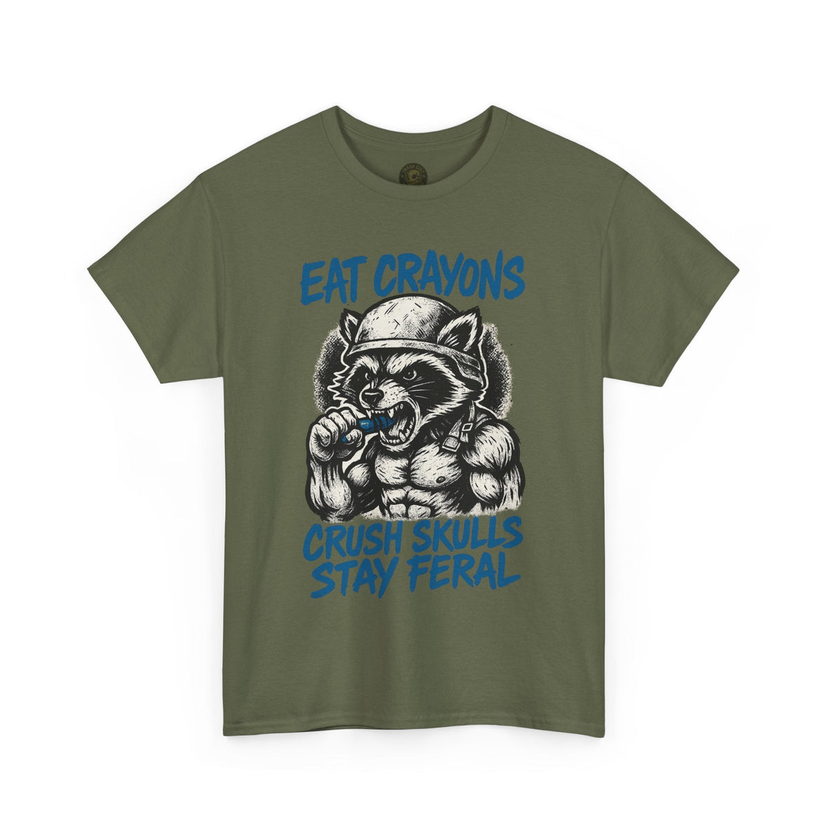 Eat Crayons Crush Skulls Stay Feral Military Raccoon Shirt – Gildan 5000