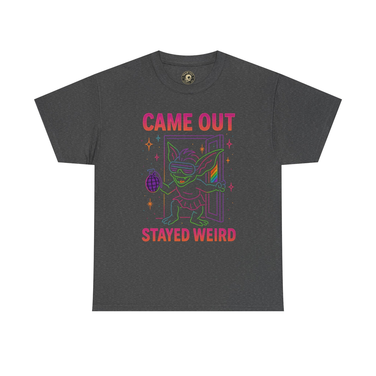 Came Out, Stayed Weird – Neon Gremlin Pride T-Shirt | Gildan Unisex Heavy Cotton Tee | LGBTQ+ Graphic Shirt