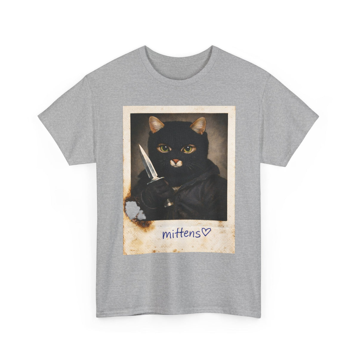 Cat With Knife Tee — "Mittens" Dark Humor Vintage Polaroid Graphic T-Shirt