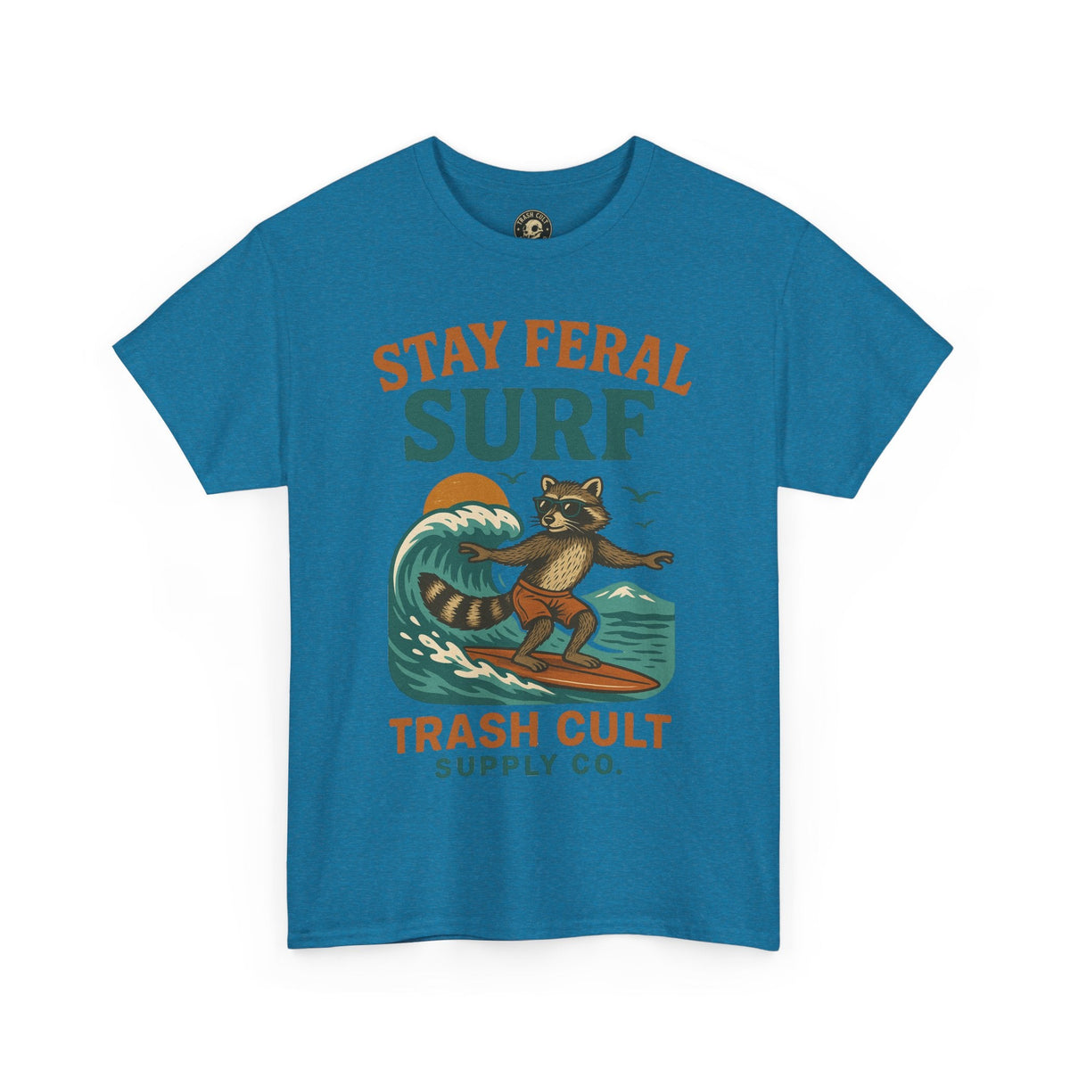 Stay Feral Surf Shirt – Retro Raccoon Beach Tee – Trash Cult Supply Co – Gildan 5000