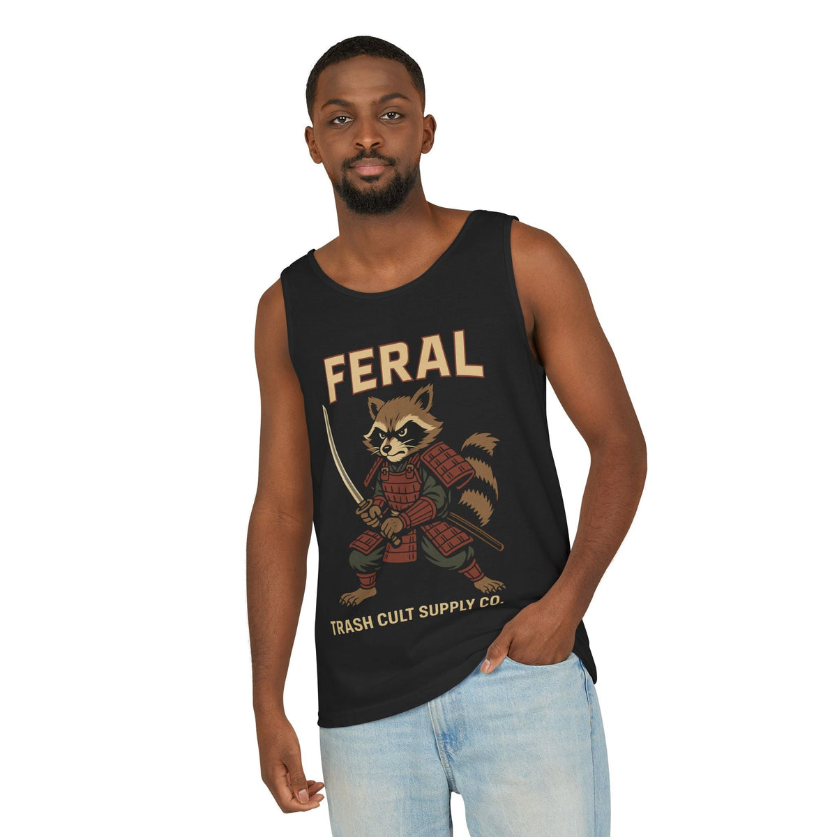 Feral Samurai Raccoon Tank Top, Unisex Graphic Tee, Summer Shirt, Gift for Animal Lovers, Trendy Outdoor Wear