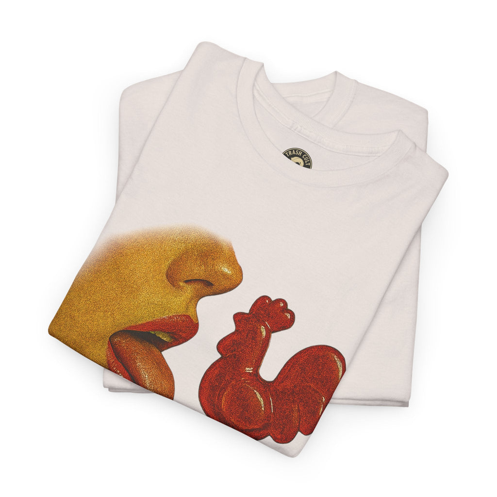 Bold Retro Halftone Tease – Red Rooster Lollipop Graphic Tee