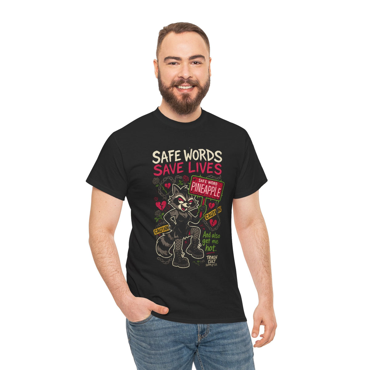 Safe Words Save Lives Tee – Trashcore BDSM Humor Shirt, Pineapple Consent Raccoon Graphic – Gildan 5000 Unisex Heavy Cotton