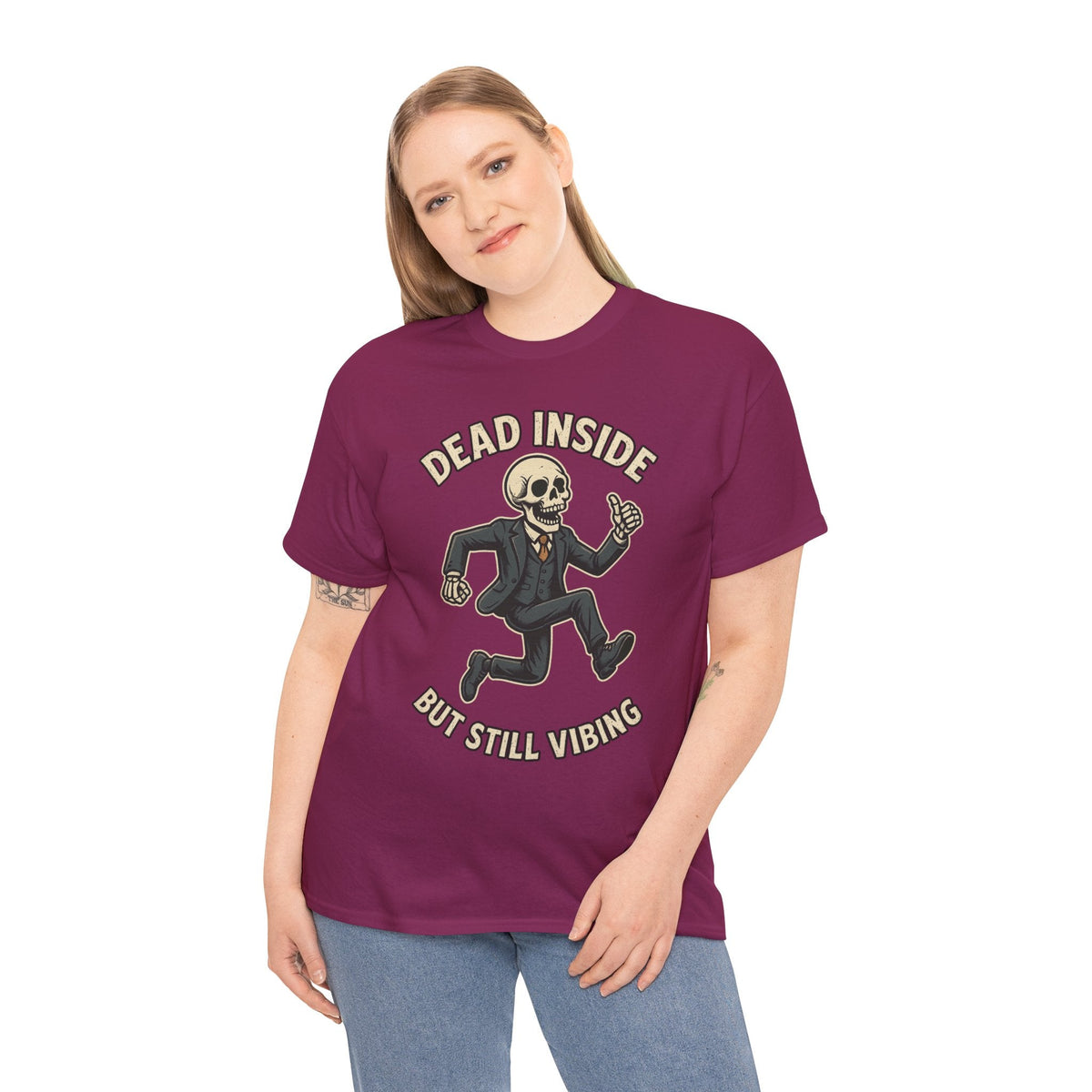 Dead Inside But Still Vibing Skeleton Shirt – Funny Unisex Heavy Cotton Tee