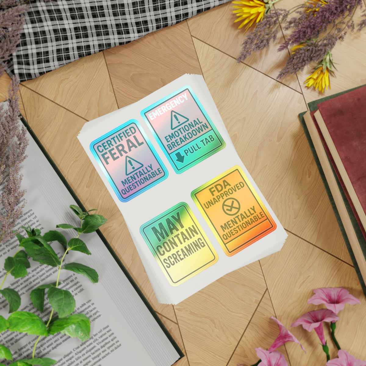 Feral Sticker Sheet Bundle – 10 Bold Mental Health & Chaos-Themed Stickers | Transparent, White & Holographic Vinyl