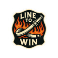 Line to Win – Bold Firefighter Sticker – Kiss-Cut Glossy Vinyl Decal with Fire Hose and Flame Design