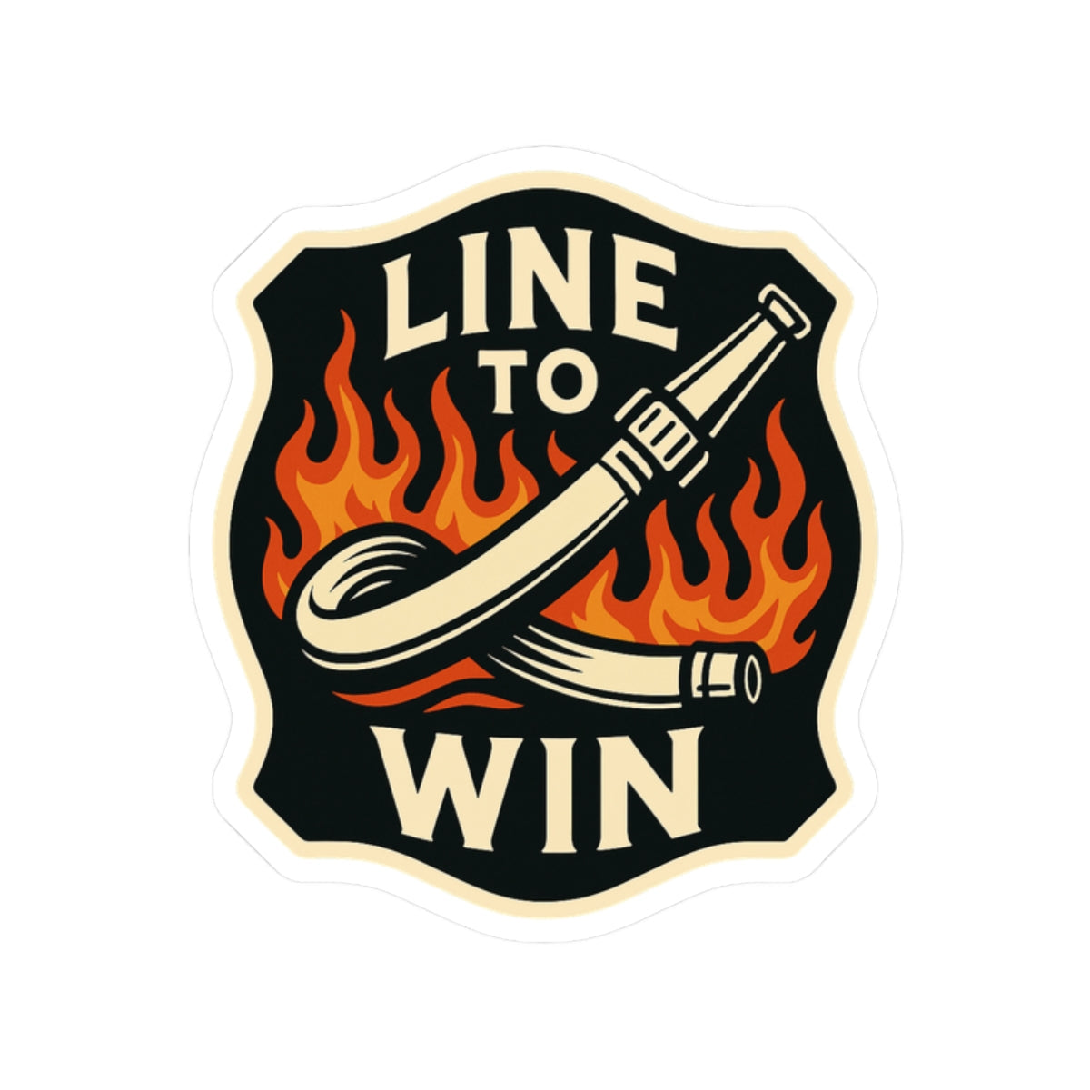Line to Win – Bold Firefighter Sticker – Kiss-Cut Glossy Vinyl Decal with Fire Hose and Flame Design