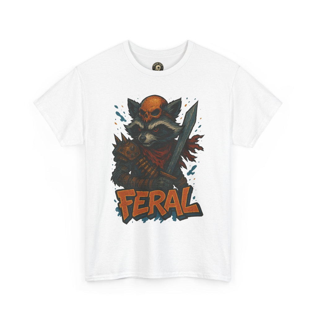 FERAL Raccoon Warlord Shirt – Graffiti Street Art Animal Tee | Bold Post-Apocalyptic Design on Gildan 5000
