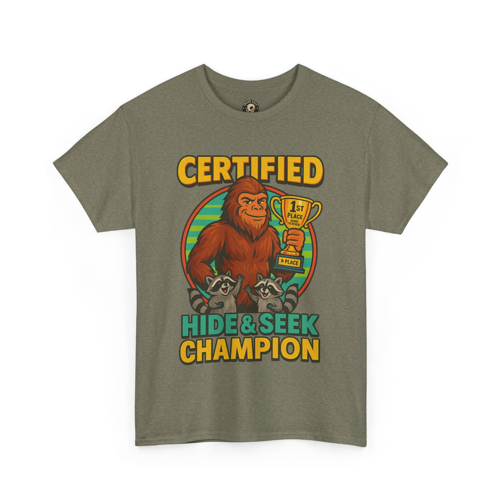 Certified Hide & Seek Champion Bigfoot T-Shirt – Funny Cryptid Shirt – Raccoon Forest Meme Tee – Gildan 5000