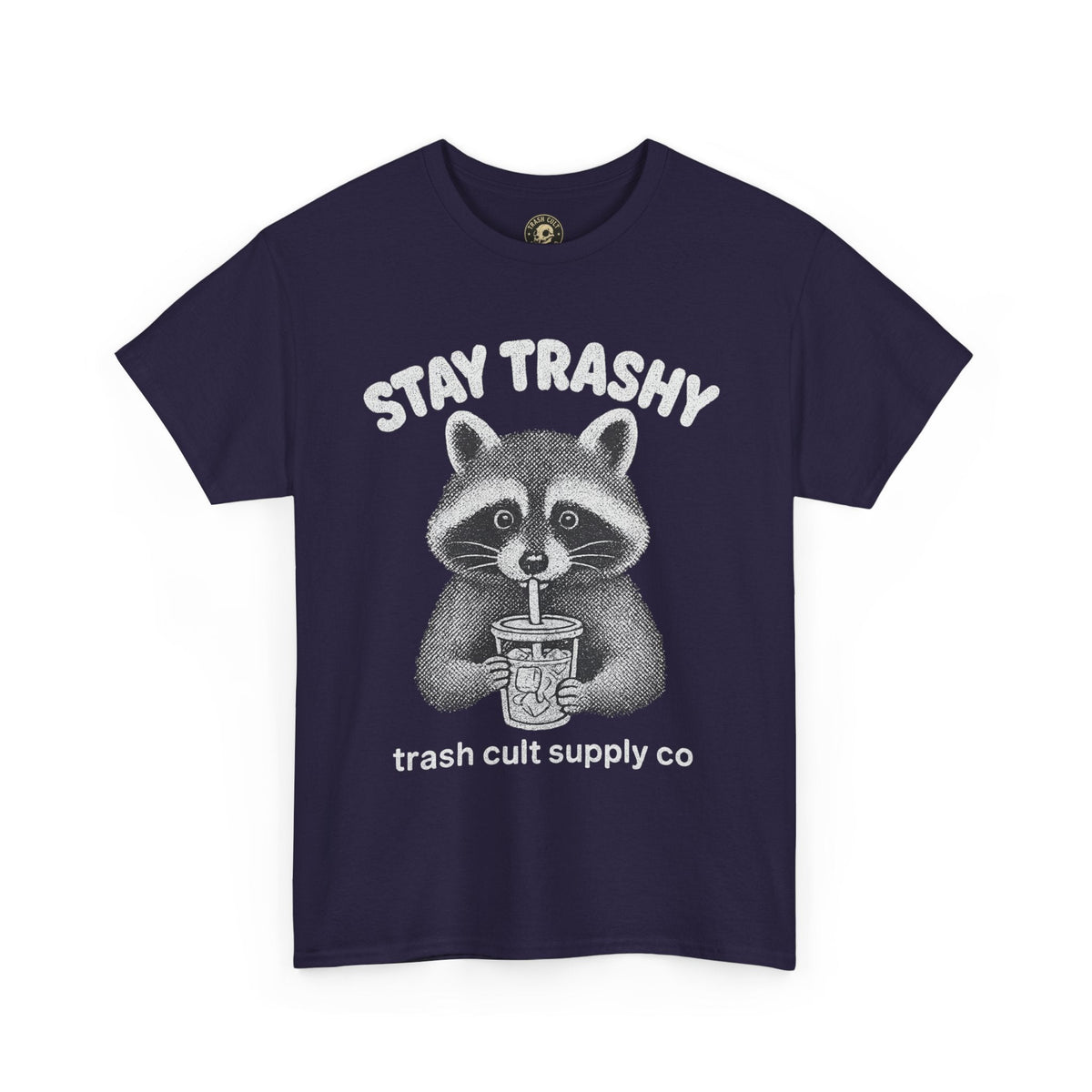 Stay Trashy Raccoon Iced Coffee Shirt – Halftone All White Design | Trash Cult Supply Co.