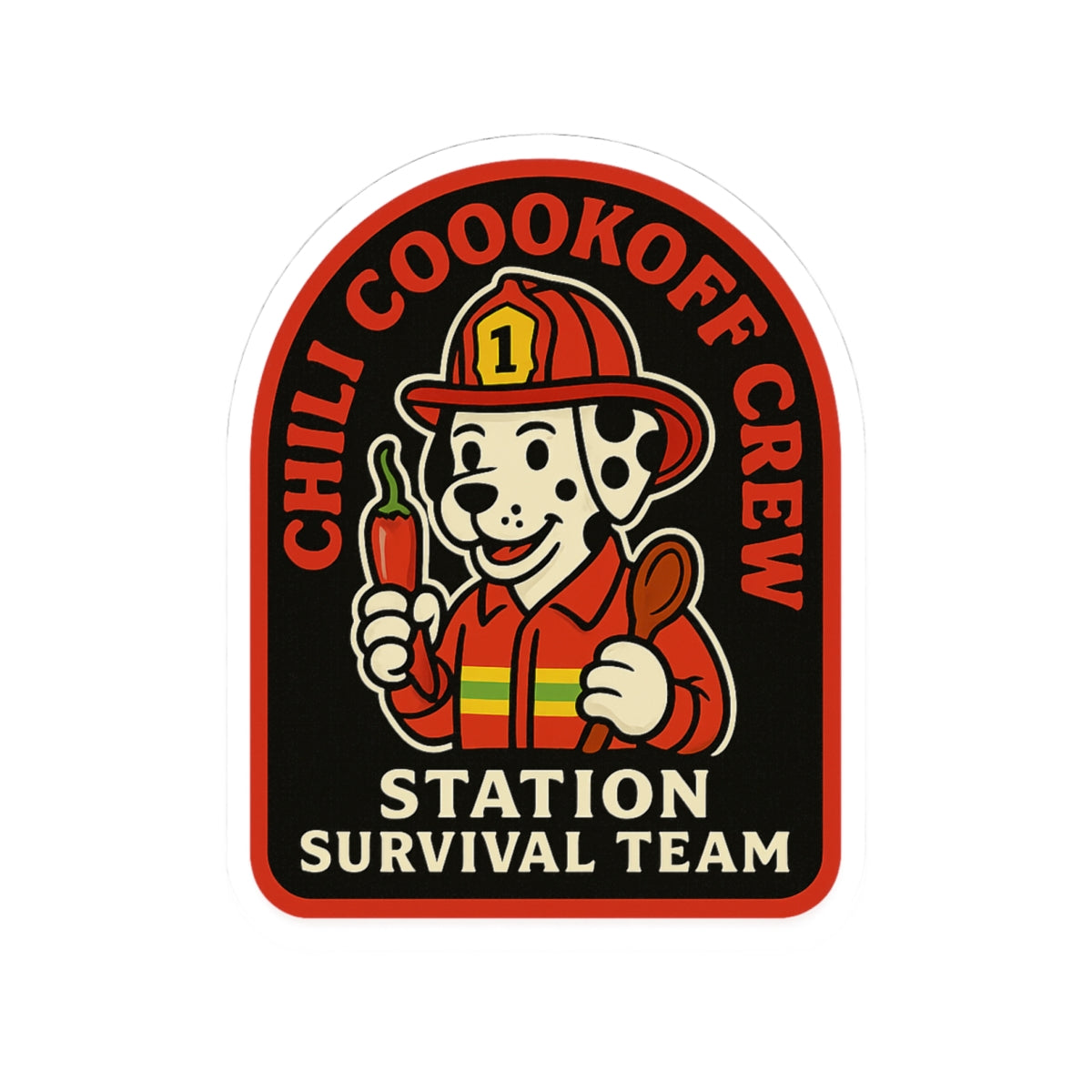 Chili Cookoff Crew – Station Survival Team Sticker – Funny Firefighter Vinyl Decal with Dalmatian Chef Design