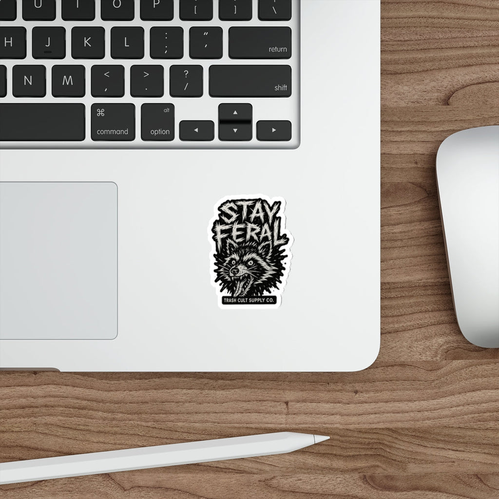 Stay Feral Die-Cut Stickers | Cool Raccoon Graphic Decals for Laptops, Water Bottles, Journals, and Skateboards