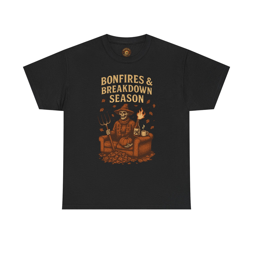 Bonfires & Breakdown Season Shirt – Skeleton Couch Chaos Tee – Fall of Humanity Collection – Trash Cult Supply Co.