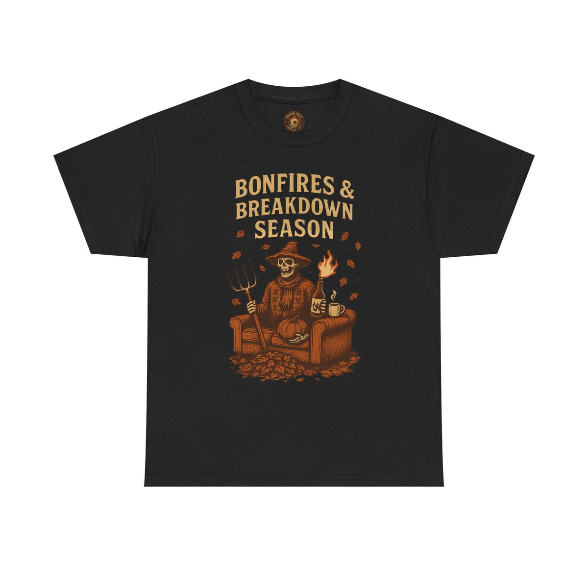 Bonfires & Breakdown Season Shirt – Skeleton Couch Chaos Tee – Fall of Humanity Collection – Trash Cult Supply Co.