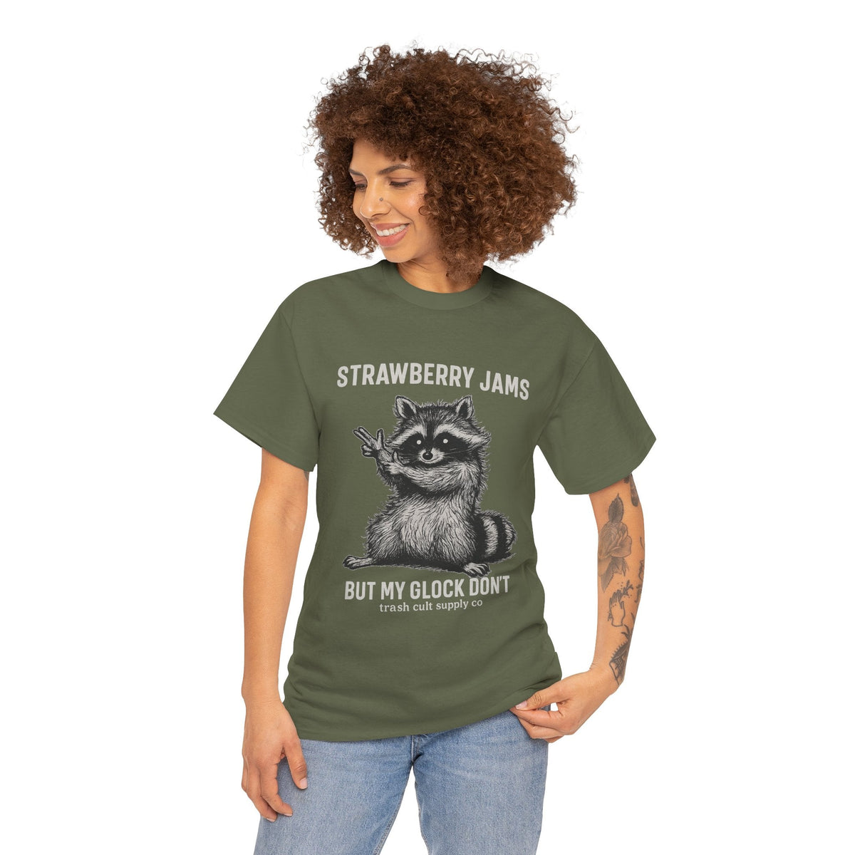 Strawberry Jams But My Glock Don’t Raccoon Shirt – Trash Cult Supply Co. Gildan 5000 Tee
