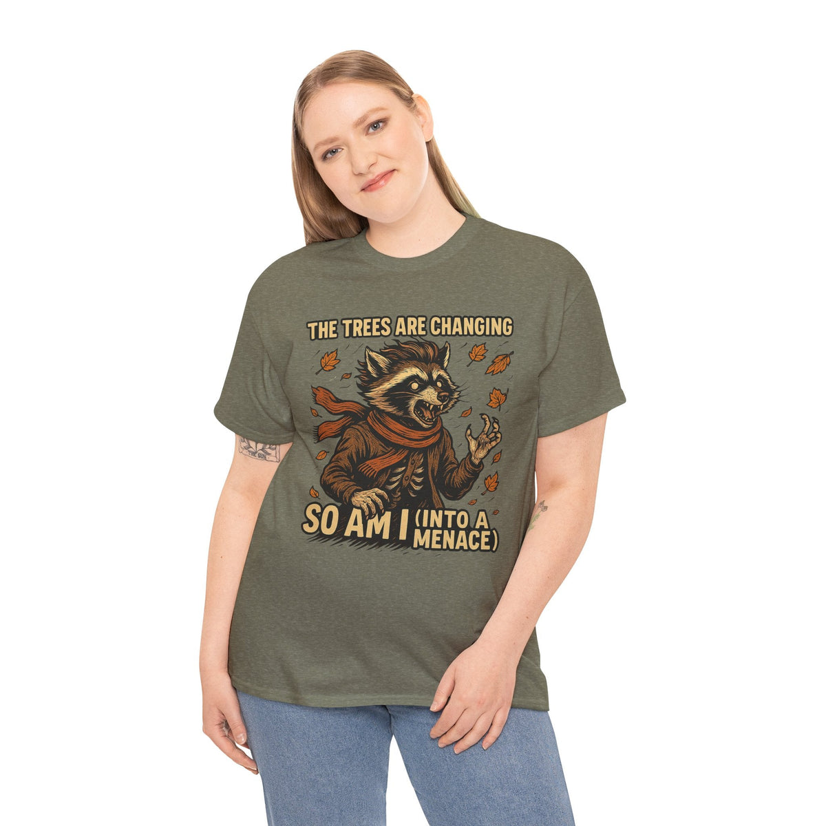 So Am I (Into a Menace) Shirt – Raccoon Transformation Fall Tee – The Trees Are Changing T-Shirt – Fall of Humanity Collection – Trash Cult Supply Co.