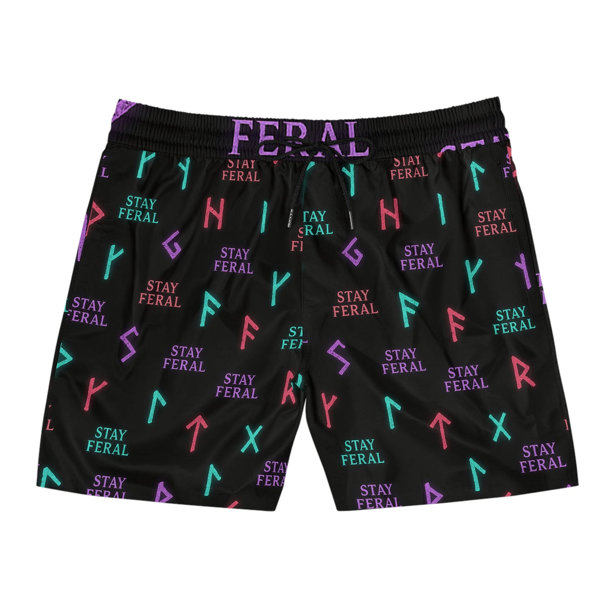 Stay Feral Glowing Rune Men’s Swim Trunks | Edgy Beachwear