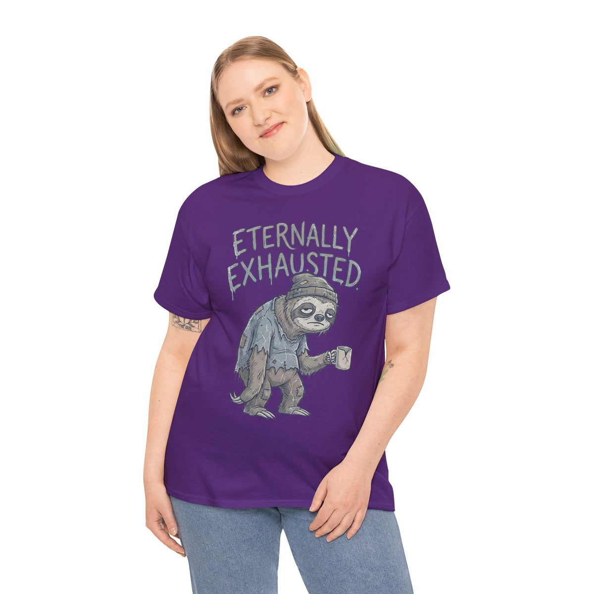 T-Shirt — 'Eternally Exhausted' Sloth Graphic Tee (Funny Coffee Lover Gift)
