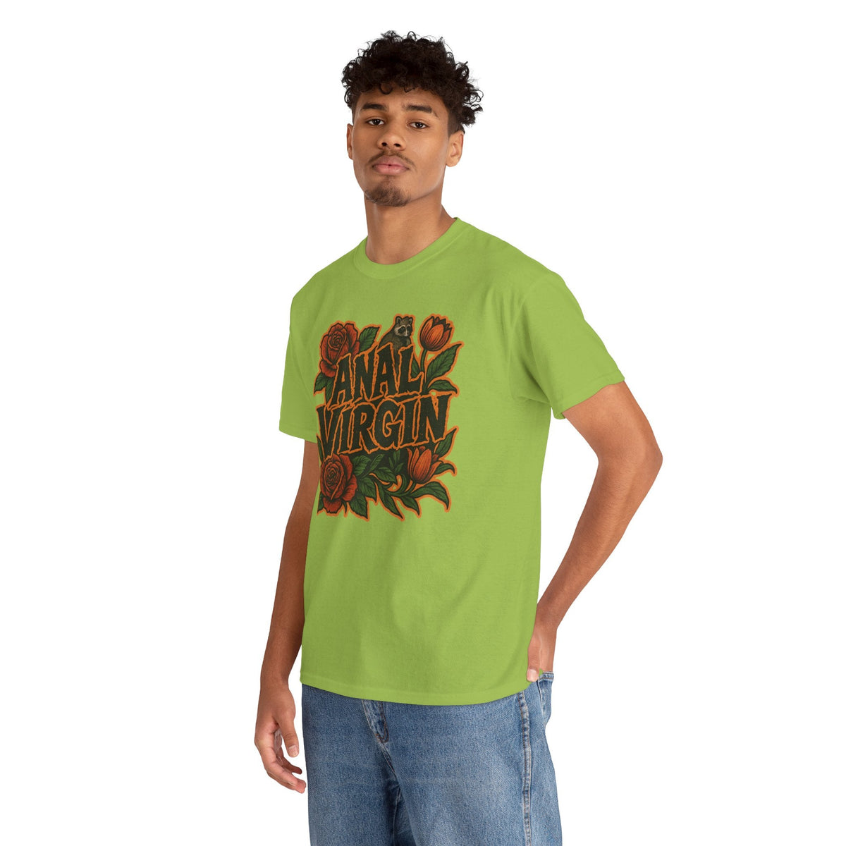 Anal Virgin Bold Floral Trashcore Tee – Funny Raccoon Shirt – Gildan 5000