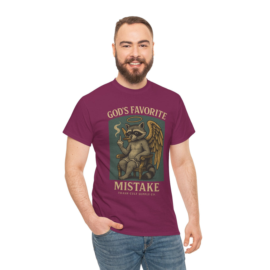God’s Favorite Mistake Shirt – Raccoon Angel Flipping the Bird by Trash Cult Supply Co.