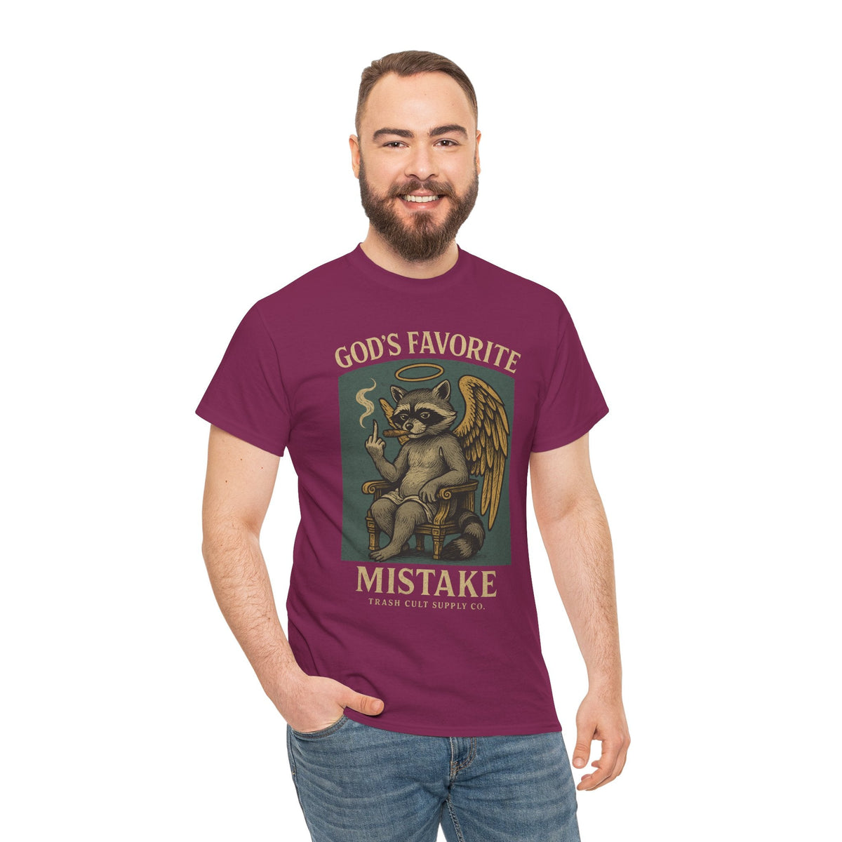 God’s Favorite Mistake Shirt – Raccoon Angel Flipping the Bird by Trash Cult Supply Co.