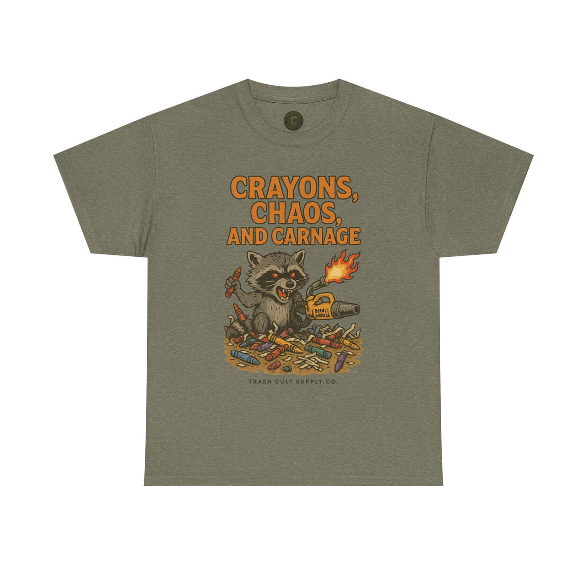 Crayons, Chaos, and Carnage T-Shirt – Dark Humor Raccoon Graphic | Trash Cult Supply Co. | Gildan 5000 Tee