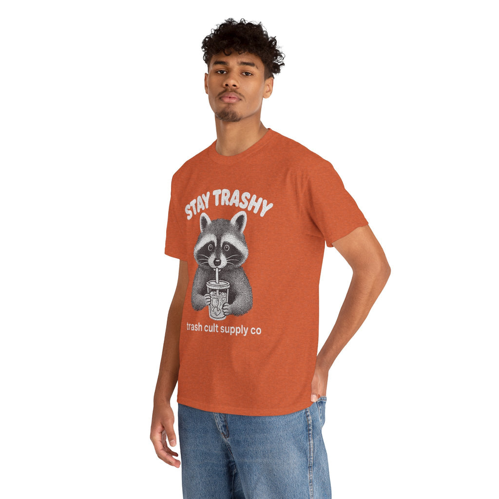 Stay Trashy Raccoon Iced Coffee Shirt – Halftone All White Design | Trash Cult Supply Co.