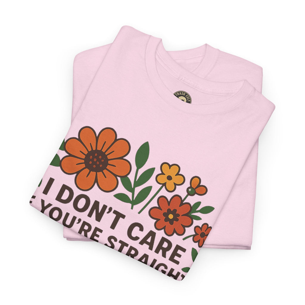 “I Don’t Care If You’re Straight” Funny Floral Shirt – LGBTQ+ Ally Tee – Bold Statement Graphic – Gildan 5000