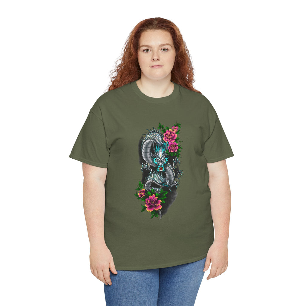 Mythic Dragon & Peonies Tattoo T-Shirt – Lara Davenport x Trash Cult Supply Co. Collab (Gildan 5000)