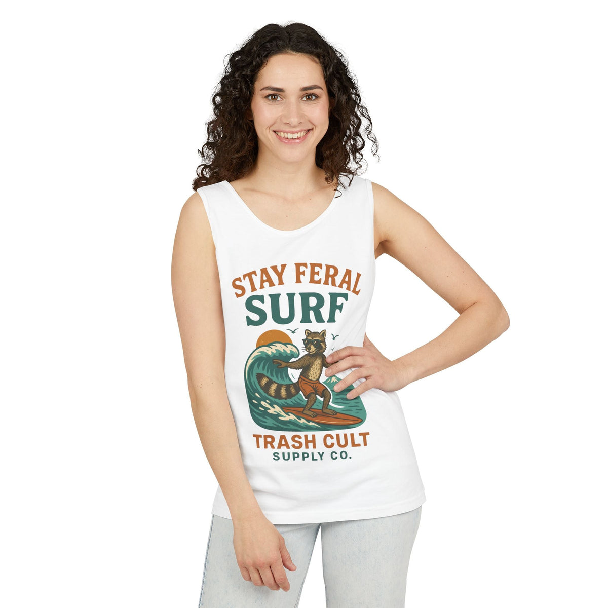Stay Feral Surf Tank Top – Retro Raccoon Beach Tank – Trash Cult Supply Co – Comfort Colors 9360