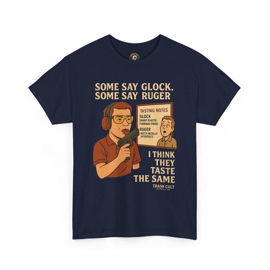 Glock vs Ruger Mouthfeel Shirt – Funny Gun Show Parody Tee | Dark Humor Firearm Tasting Notes Shirt