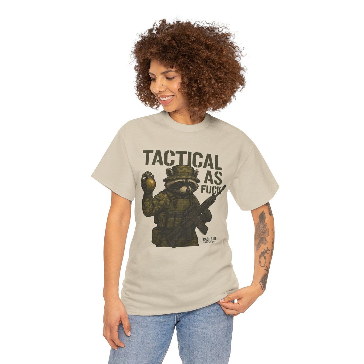 Tactical As F*** T-Shirt – Armed Raccoon Military Humor Tee | Trash Cult Supply Co. | Gildan 5000 Heavy Cotton