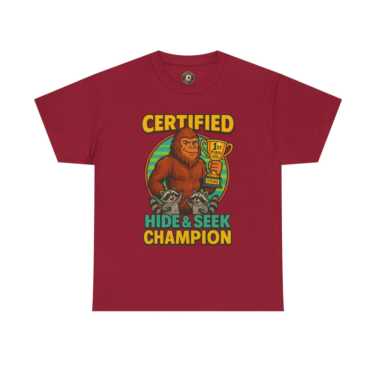 Certified Hide & Seek Champion Bigfoot T-Shirt – Funny Cryptid Shirt – Raccoon Forest Meme Tee – Gildan 5000