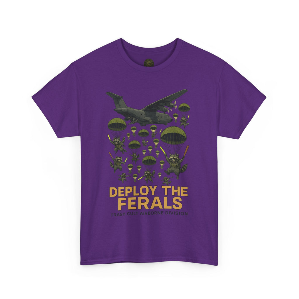 Deploy the Ferals T-Shirt – Airborne Raccoon Drop Graphic | Trash Cult Supply Co. | Gildan 5000 Heavy Cotton Tee