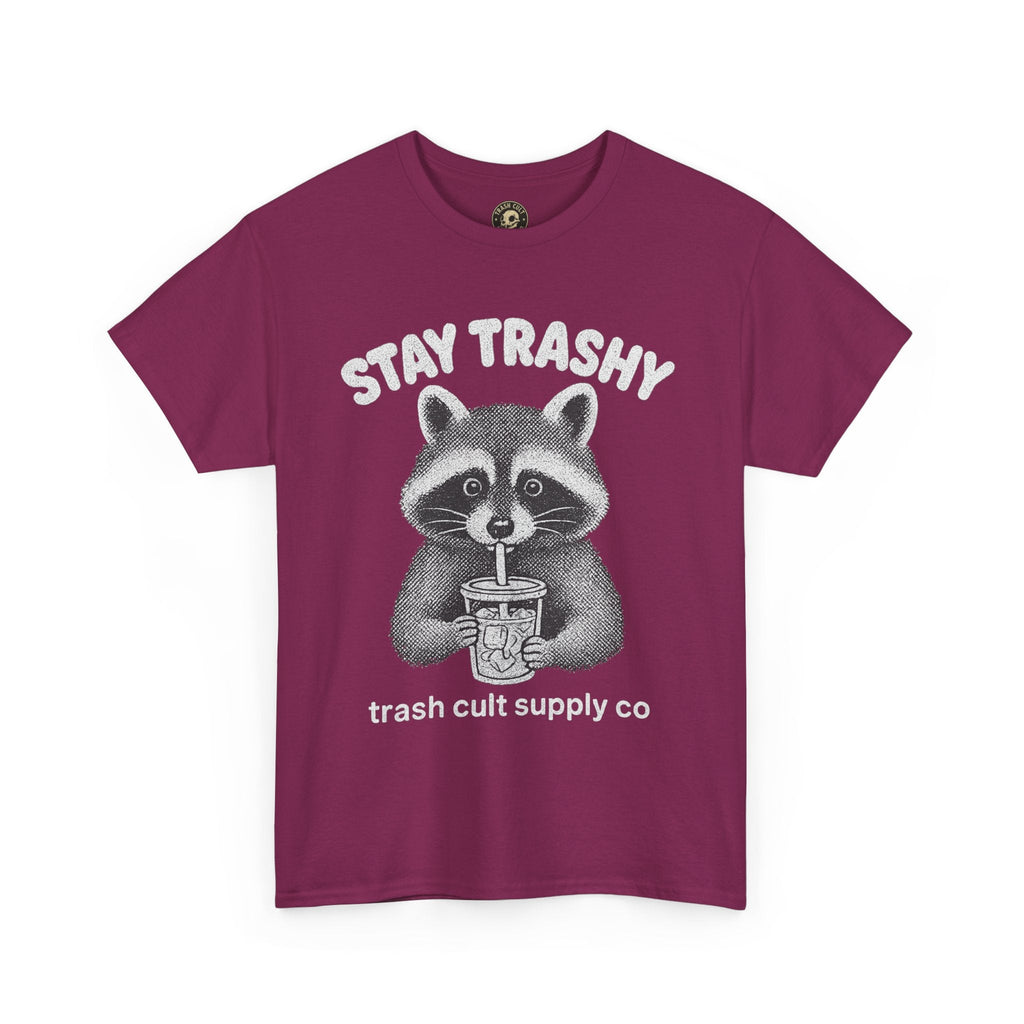Stay Trashy Raccoon Iced Coffee Shirt – Halftone All White Design | Trash Cult Supply Co.
