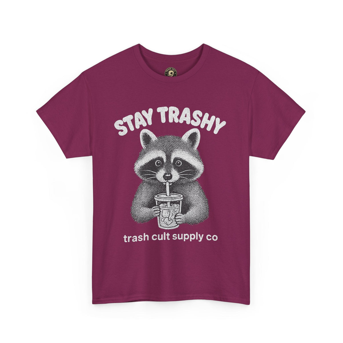 Stay Trashy Raccoon Iced Coffee Shirt – Halftone All White Design | Trash Cult Supply Co.