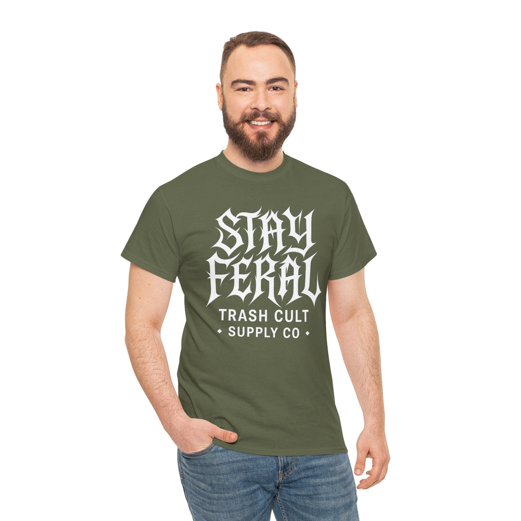 Unisex Heavy Cotton Tee - Stay Feral Graphic Tee, Streetwear Shirt, Gift for Wild Spirits, Eco-Friendly Casualwear, Summer Fashion