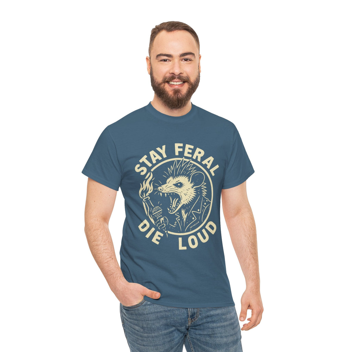 Stay Feral Die Loud Possum Punk Shirt – Trash Cult Supply Co – Gildan 5000 T-Shirt