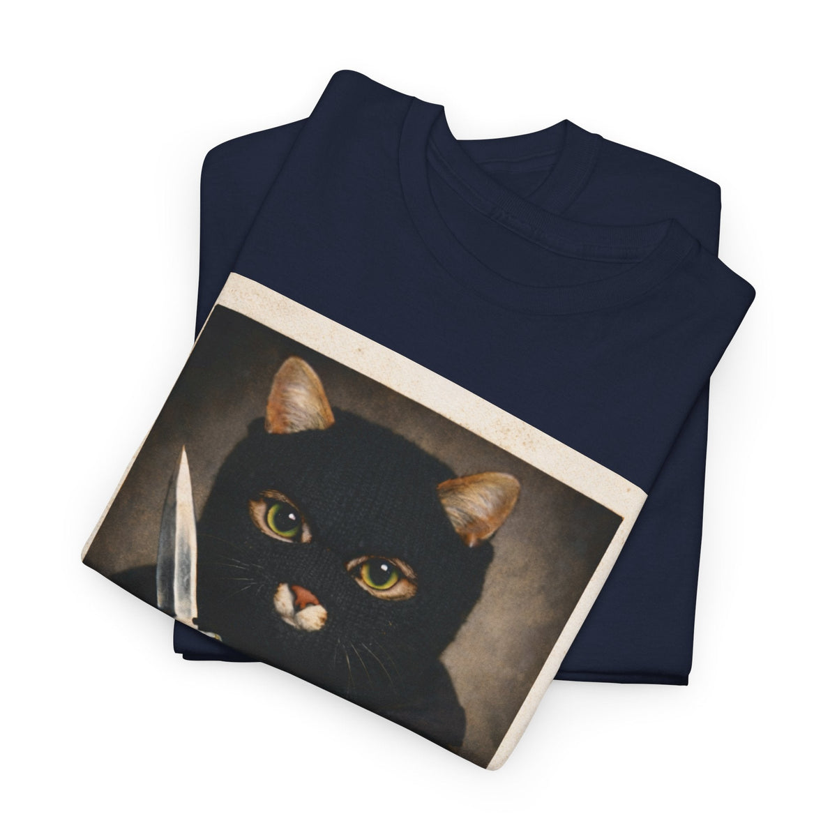 Cat With Knife Tee — "Mittens" Dark Humor Vintage Polaroid Graphic T-Shirt
