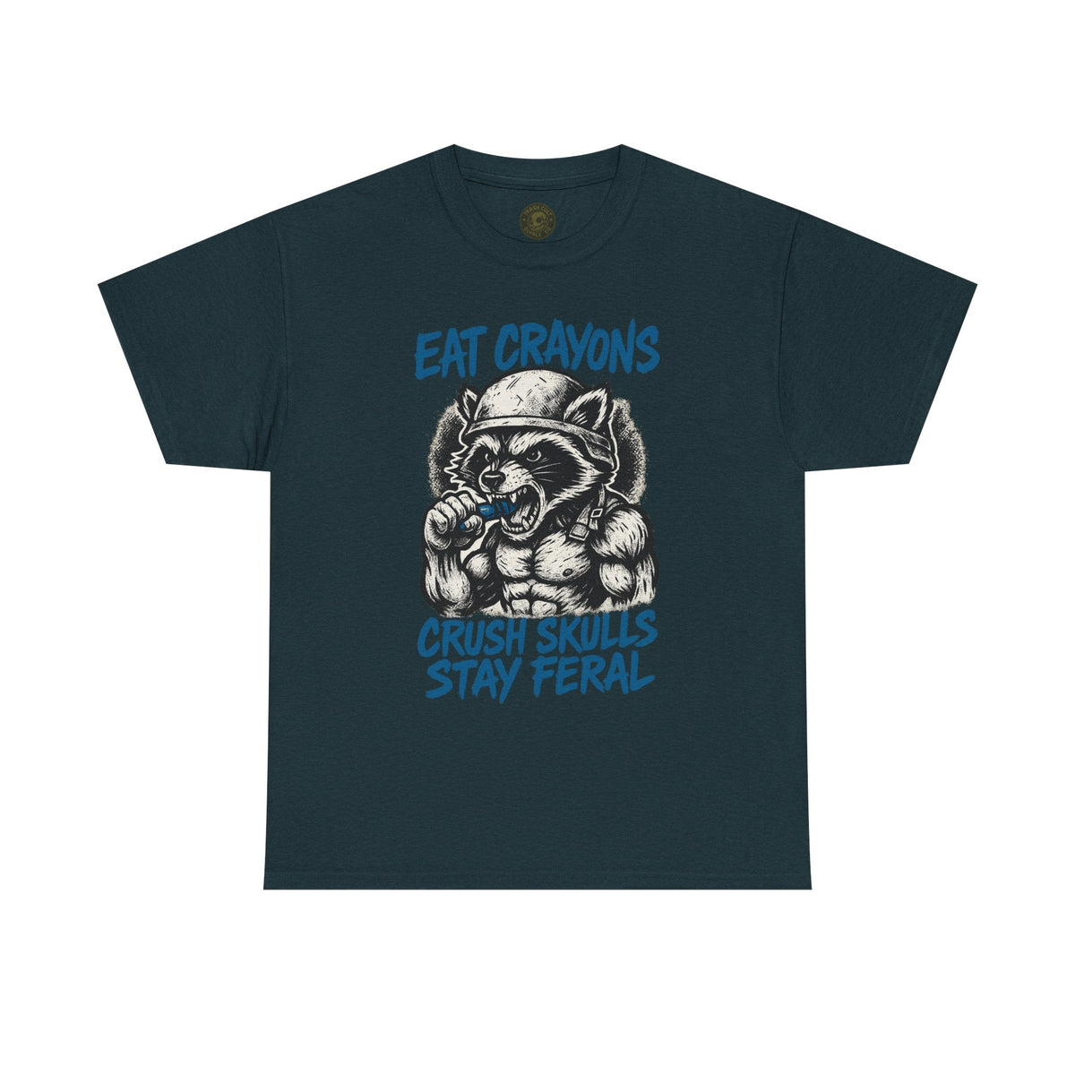 Eat Crayons Crush Skulls Stay Feral Military Raccoon Shirt – Gildan 5000